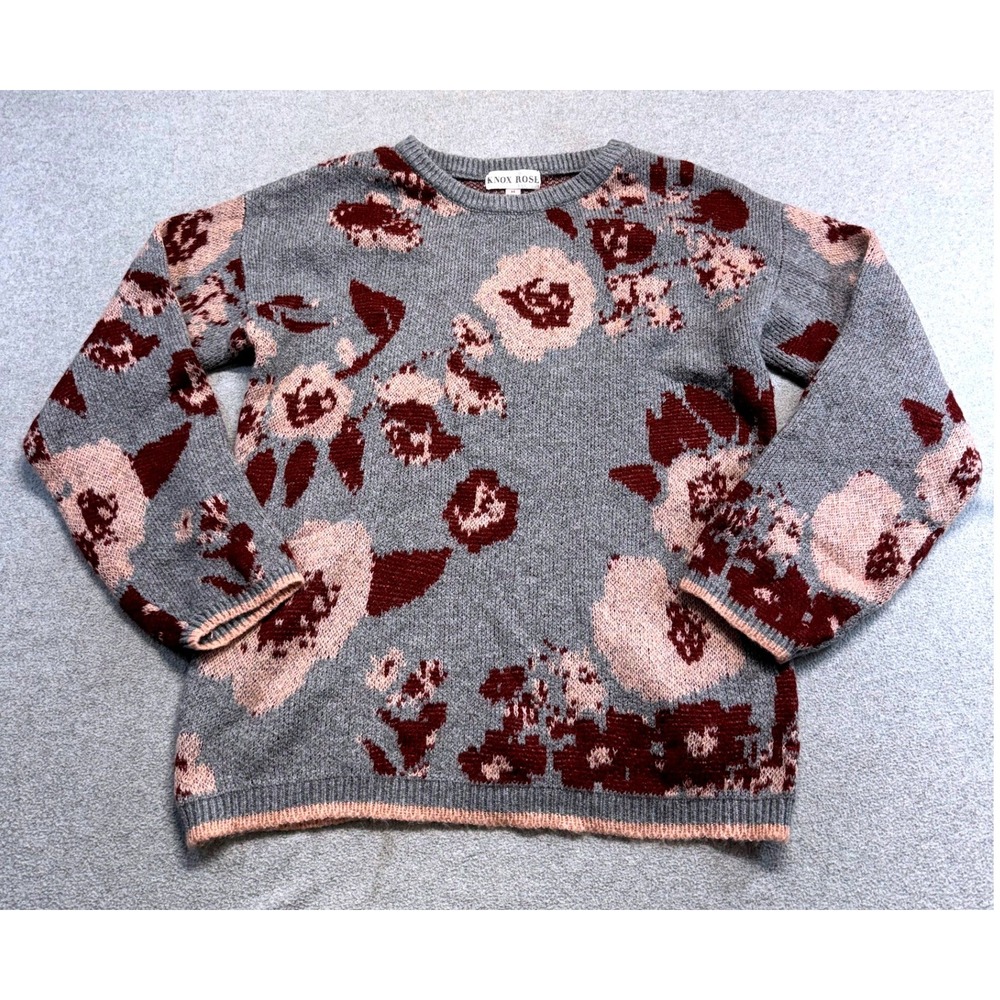 Knox Rose Women M Floral Sweater Gray Burgundy Pink Rose Boho Crewneck Knit Cozy